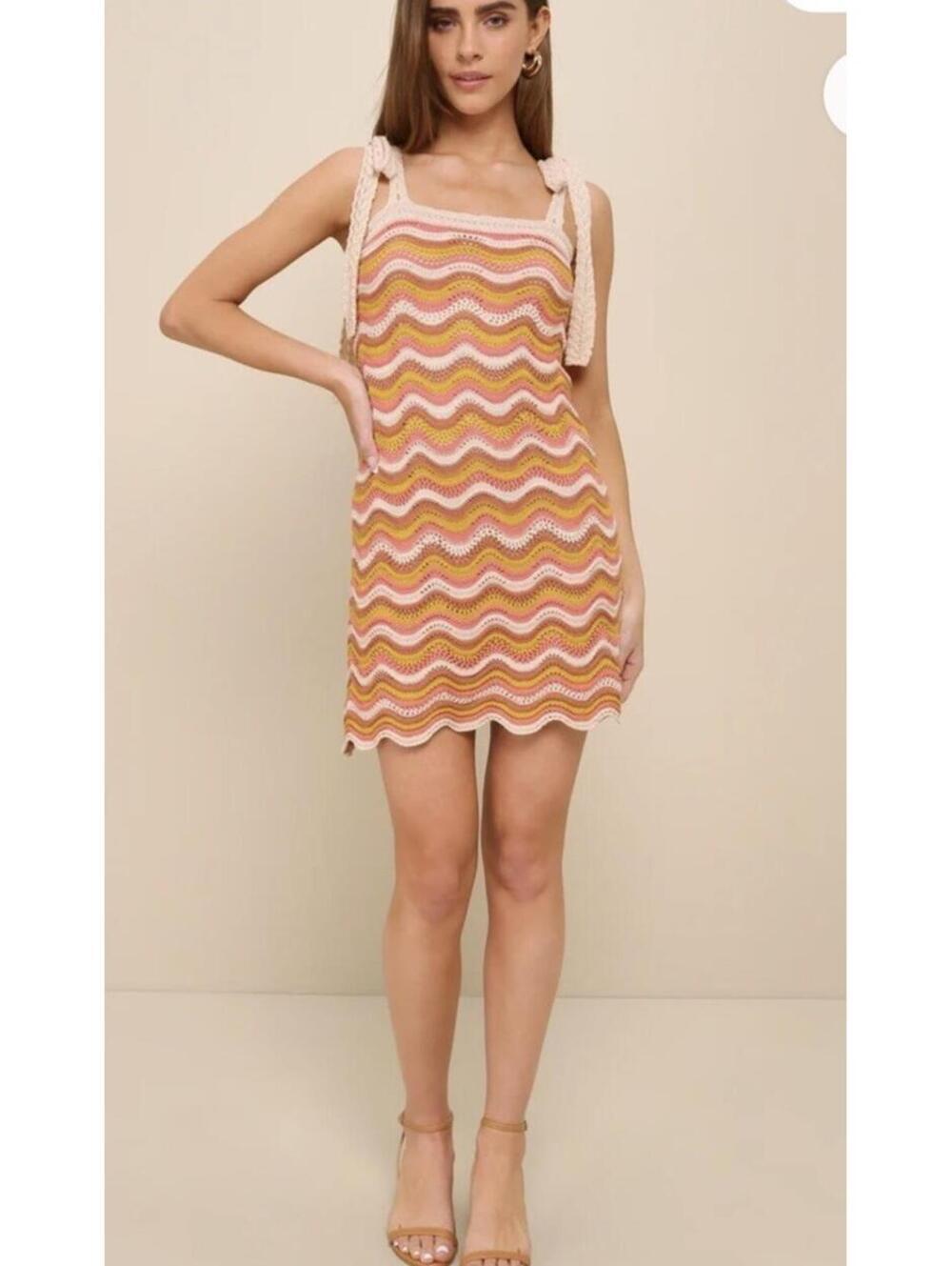 NWT Lulus Tulum Cutie Striped Tie Strap Crochet Mini Dress. Small. Retail $75